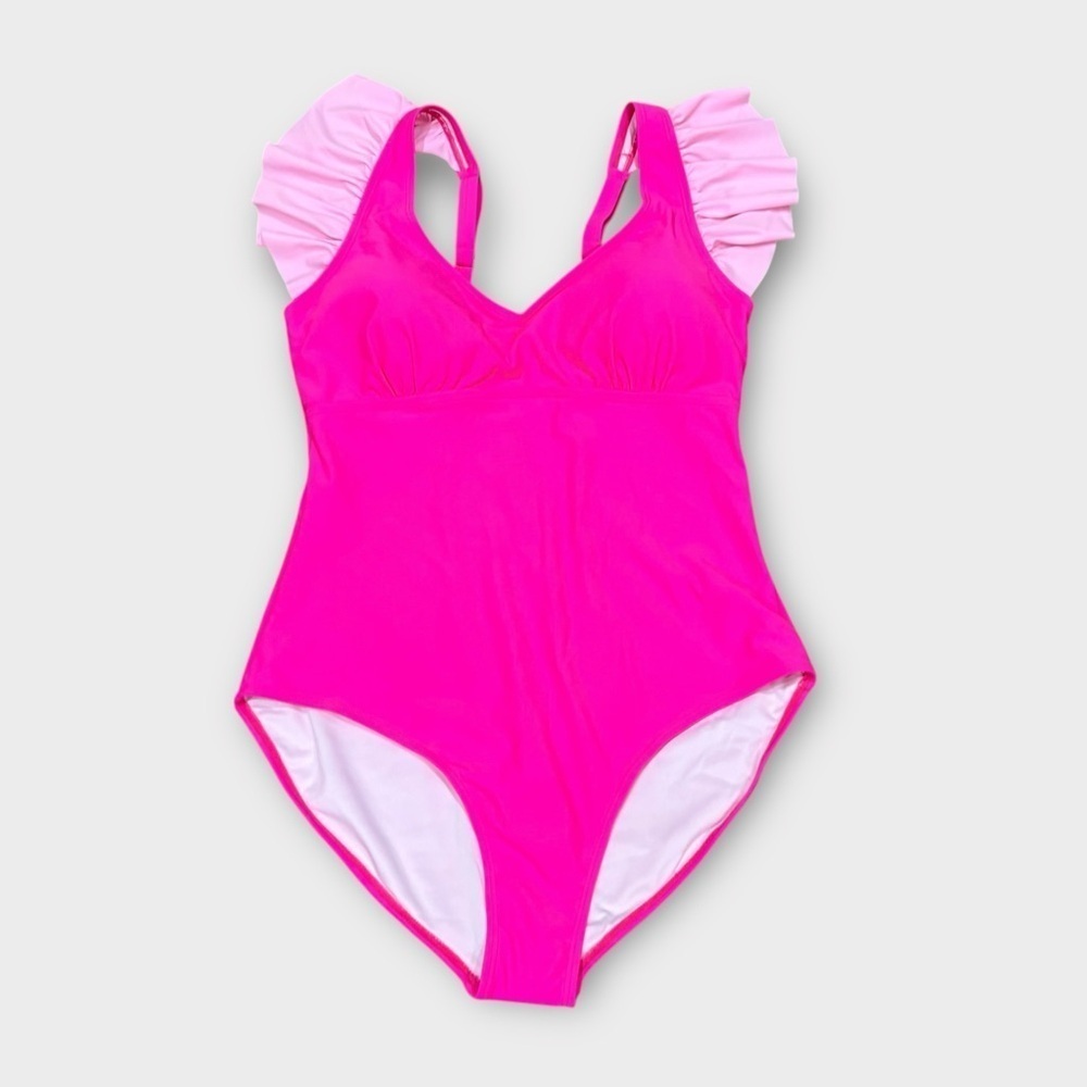 Hot Pink One Piece Swimsuit Ruffle Shoulder XL